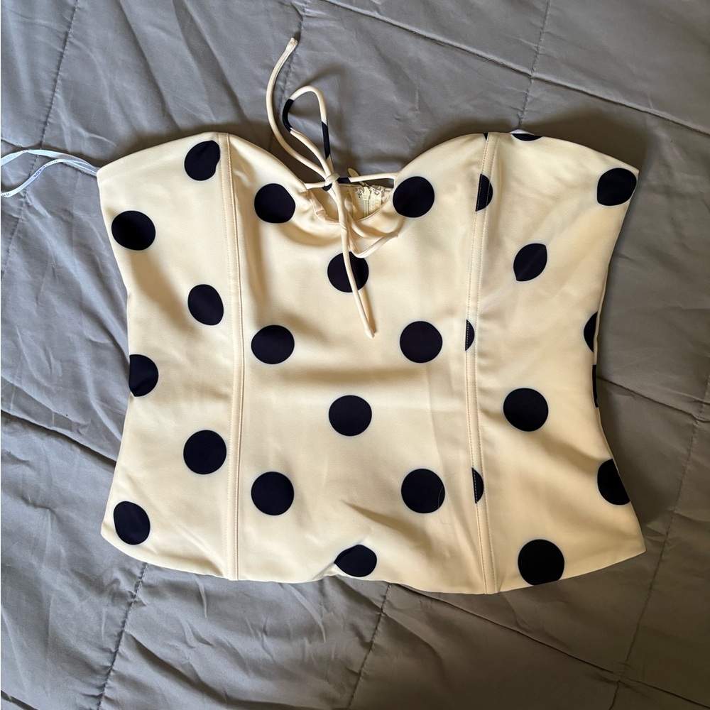 White Fox Polka Dot Corset Top | Cream & Black Strapless Bustier | Size L